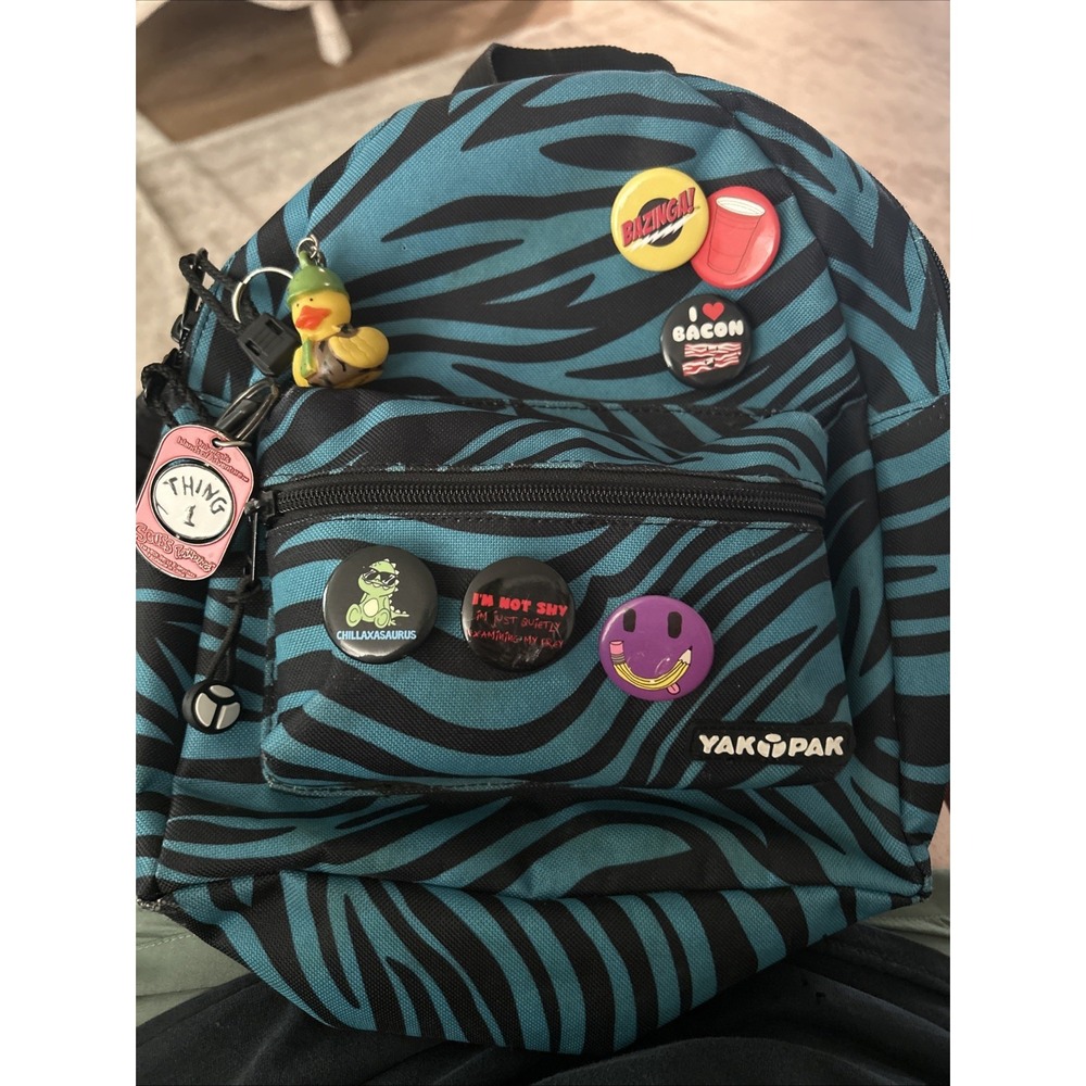 Yak Pak Backpack Blue Teal Black Striped With Buttons